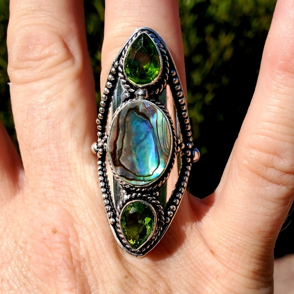 New Abalone Shell & Peridot 925 Silver Statement Ring. - Picture 14 of 16